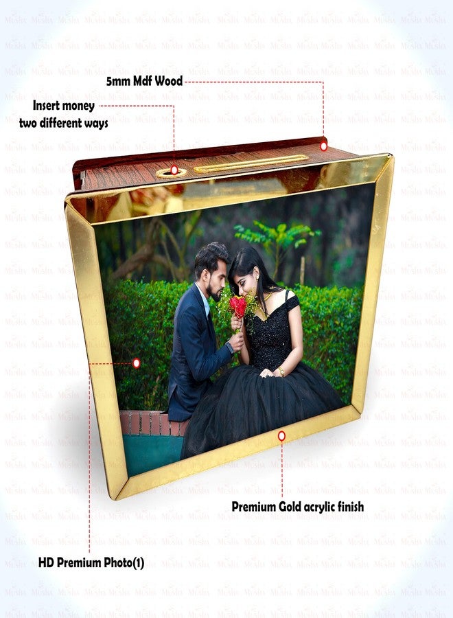 MUSHA Reusable Wooden Modern Money Saving Box | MDF Piggy Bank with Gold Acrylic Borders | 6x4, 6x8, 12x8 Inch | Custom Photo & Savings Tracker | Dual Slot Design | Transparent Bottom Cover (12x8) - Image 5
